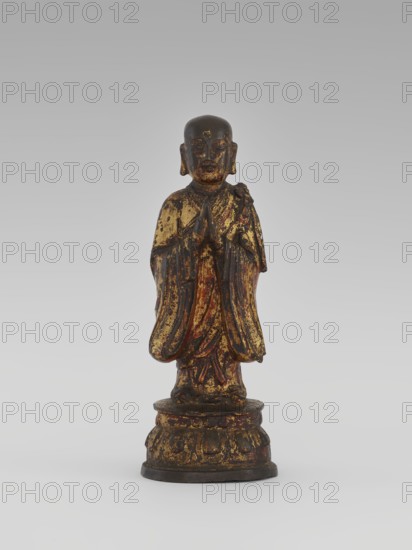 Monk, Chinese, Luohan arhat figure, monk, sage; Buddhist art; lotus throne iconography; Qing