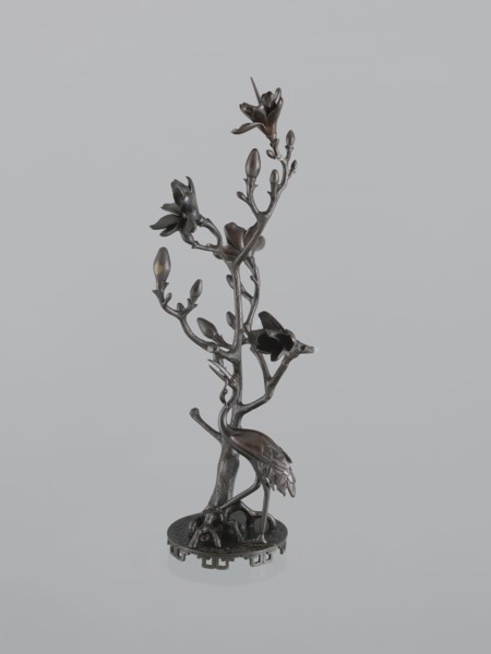 Candlestick shokudai, Japanese, magnolias, Meiji 1868–1912, plant tendril decoration, cranes