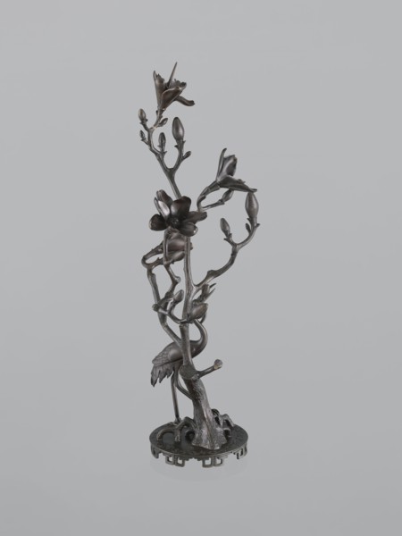 Candlestick shokudai, Japanese, magnolias, Meiji 1868–1912, candlesticks, plant tendril, cranes