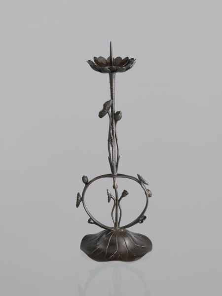 Candlestick shokudai, Takimoto, Iwami; craftsman; Japanese art; Japanese culture; lotuses; leaves;