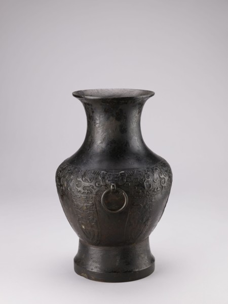Hu-type vase, Chinese, ceremonial vessel with handles and taotie iconography, ritual vessel, Qing