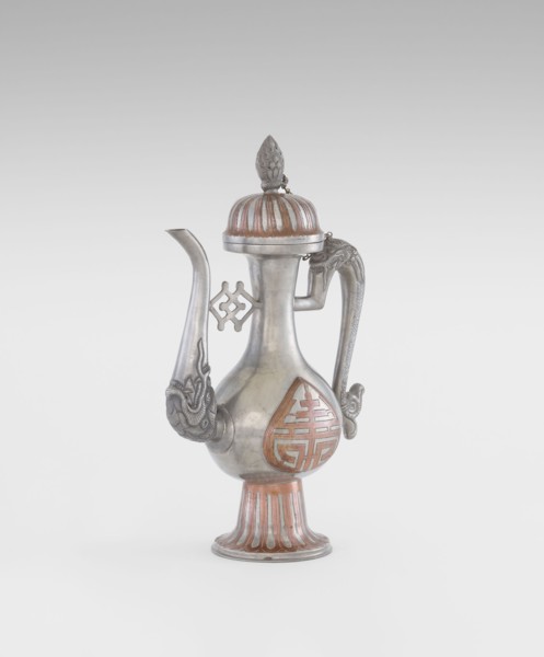Wine jug, Chinese, plastic decorations of lotuses and longevity shou and dragons, Qing 1644–1911,