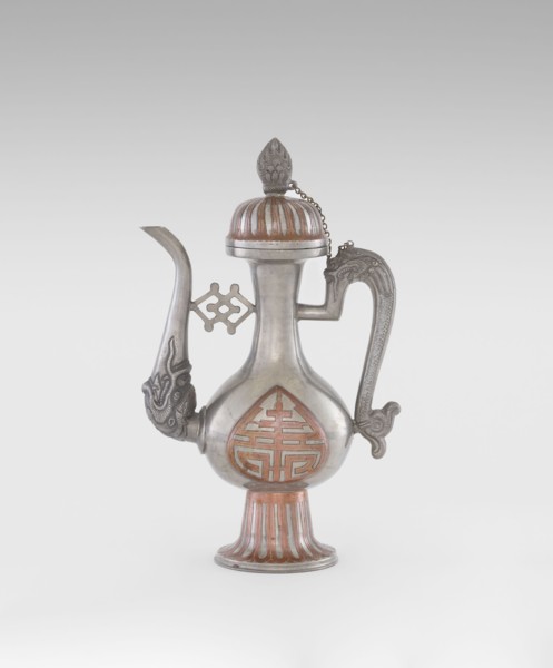 Wine jug, Chinese, plastic decorations of lotuses and longevity shou and dragons, Qing 1644–1911,