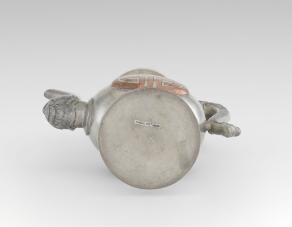 Wine jug, Chinese, plastic decorations of lotus and lotuses, longevity shou character, dragons,