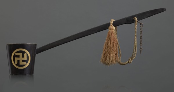Ritual ladle, Chinese, Qing 1644–1911, Chinese Buddhism, ritual vessel with swastikas painted gold.