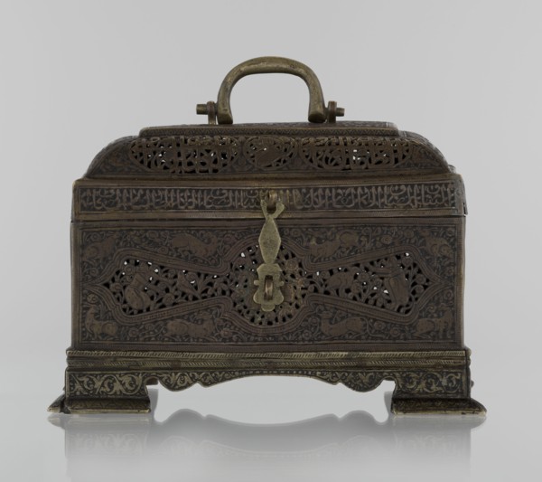 Box; rectangular box on four feet with lid and a handle on top. 19th century; Iran Qajar dynasty,