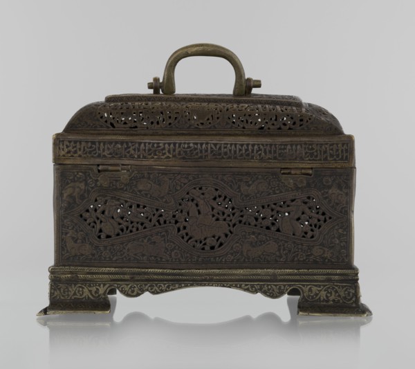 Box; Persian Qajar dynasty, 19th century. Rectangular box on four feet with a lid and a handle on