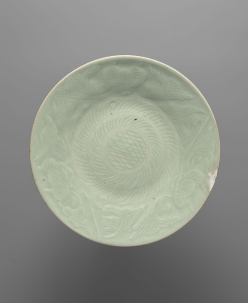 Plate — celadon; maker, Chinese; ceramics; geometric decorations and plant ornaments; vessel;