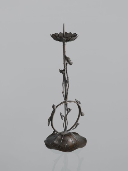 Candlestick shokudai, maker Takimoto, Iwami; Japanese; motifs: lotuses and leaves; Meiji period
