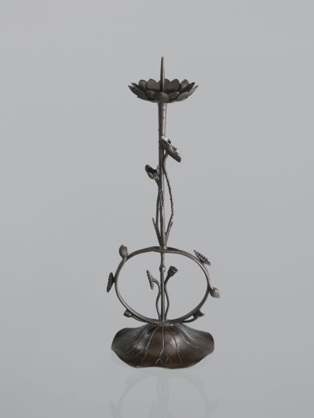 Candlestick shokudai, maker: Takimoto Iwami, Japanese; motifs: lotuses and leaves; Meiji period