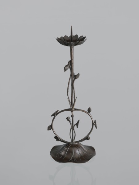 Candlestick shokudai, maker Takimoto, Iwami; Japanese; decorated with lotuses and leaves; style: