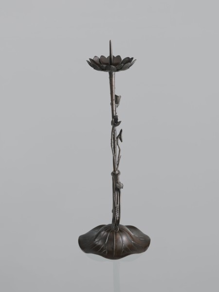Candlestick shokudai, maker Takimoto, Iwami; Japanese; decorated with lotuses and leaves; Meiji