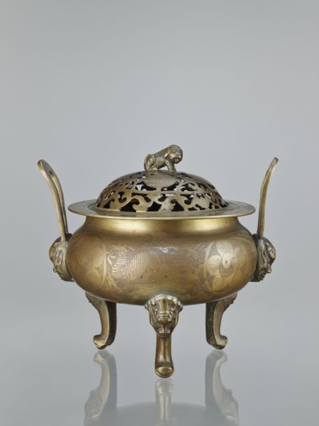 Ding-type incense burner with cover, Chinese, ceremonial vessel censer, bronze, engraved plant
