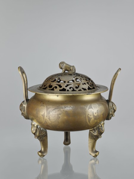 Ding-type incense burner with cover, Chinese, ceremonial vessel, ding-type censer, engraved plant