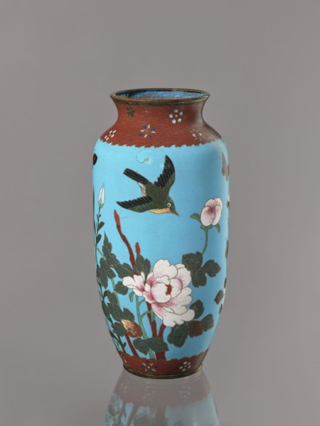 Vase, Cloisonné enamel on copper with brass rims at the spout and foot. Decoration: large roses and