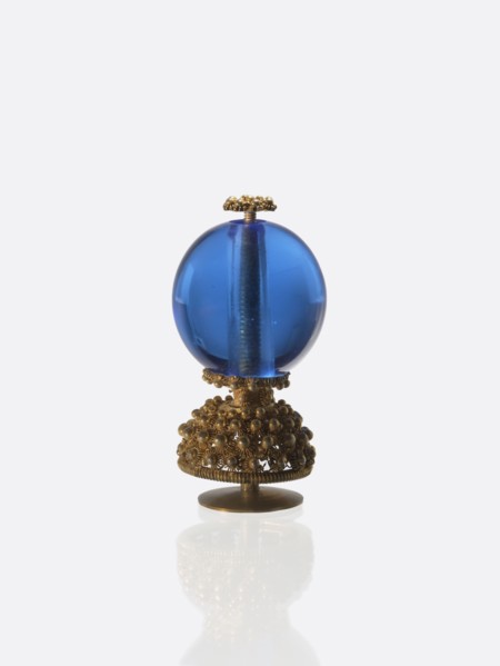 Button for a semi-official cap of a third-ranking official, blue glass ball mounted on a pin with a