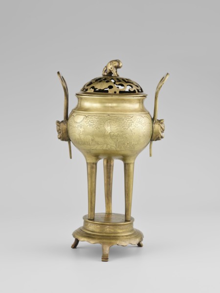 Censer with a cover, ; animals, fruits ornament, birds decorative motif, plant ornament; Korean,