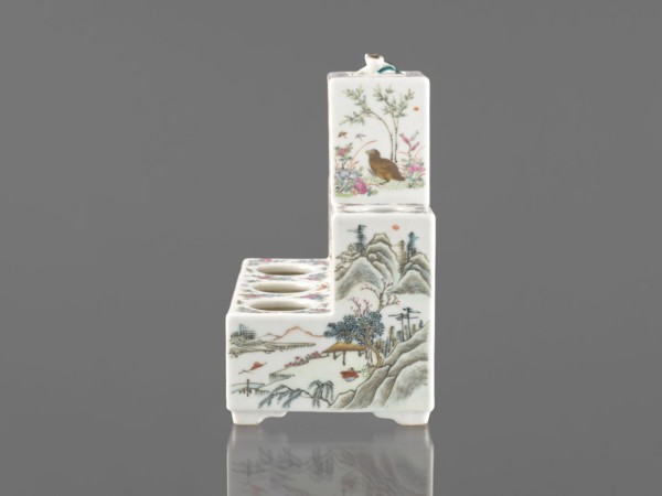 Pedestal for a writing set three-stage, ceramics, colored porcelain; decorated with flowers,