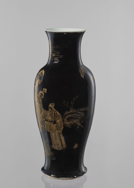Vase, Elongated vase with a wide neck. Decoration painted with gold on a black background; figural