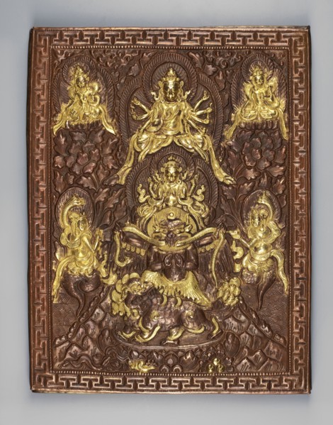 Garuda surrounded by other Buddhist deities; inscriptions; snakes; Kalachakra symbol; sculpture