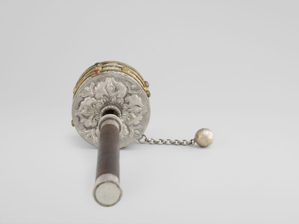 Prayer wheel;, Tibetan Buddhist ritual cult object; scrolls; 19th century; Tibet; height 28 cm., An