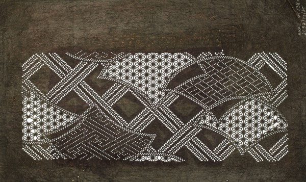 Katagami dyeing stencil with a modified wave pattern and diagonal check motif kawari seigaiha ni