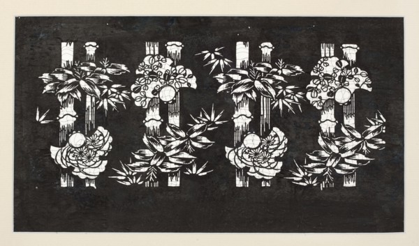 Katagami dyeing stencil with a motif of bamboos and bulging sparrows take ni fukura suzume,