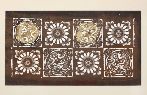 Katagami dyeing stencil with a stylised checkered motif with dragons and chrysanthemums ichimatsu