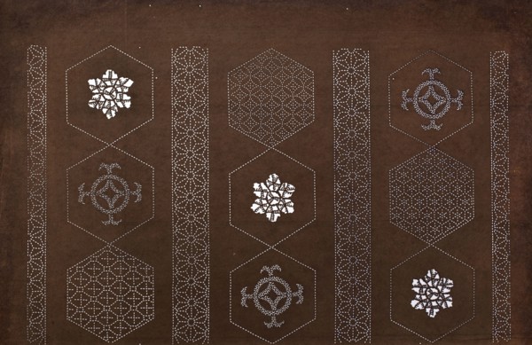 Katagami dyeing stencil with a striped motif of hemp leaves and hexagons asanoha to kikkô no shima