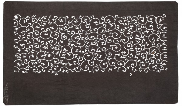 Katagami dyeing stencil cut into a pattern of stylized plant tendrils karakusa; maker, stencil;