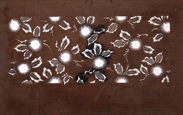 Katagami dyeing stencil cut into a pattern composed of flowers and leaves; katagami stencil, plant