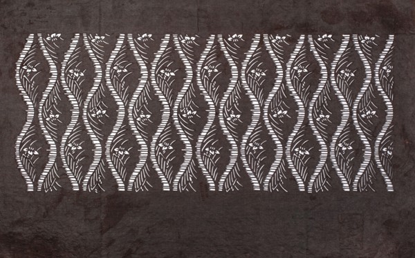 Katagami dyeing stencil; tatewaku wavy clouds pattern with tiny flowers and leaves, geometric and