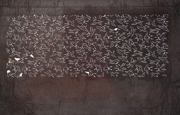Katagami dyeing stencil; pattern of densely arranged birds in flight, ise-katagami stencil, Meiji