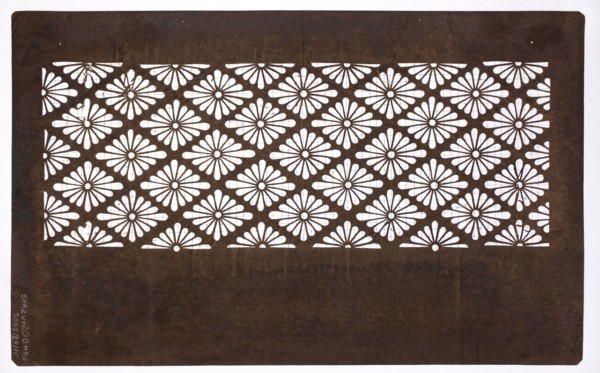 Katagami dyeing stencil; pattern of rhomboidal floral rosettes hanabishi; maker, Meiji period