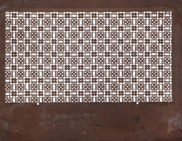 Katagami dyeing stencil; pattern with a dense arrangement of ornamental squares and stripes,