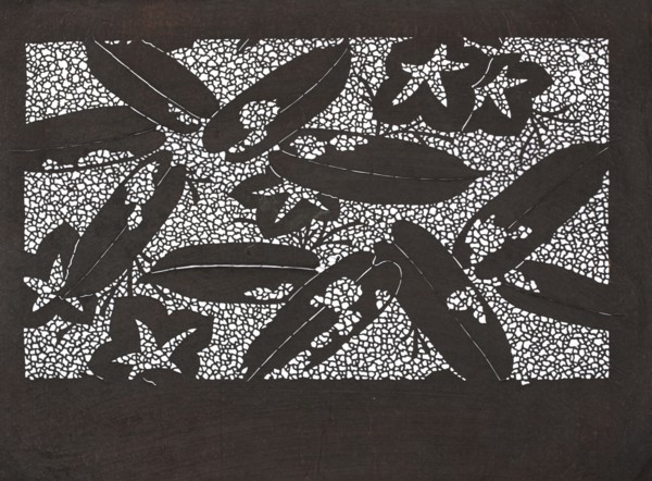 Katagami dyeing stencil; pattern of large pisci and paulownia flowers against a background of dense