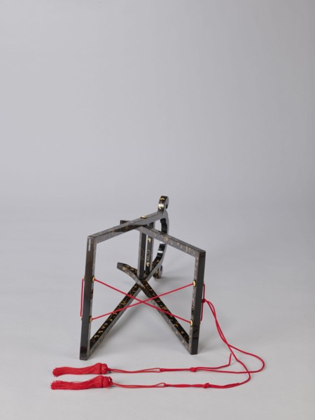 Mirror stand kagami-kake, wooden stand covered with black lacquer, painted with gold with plant