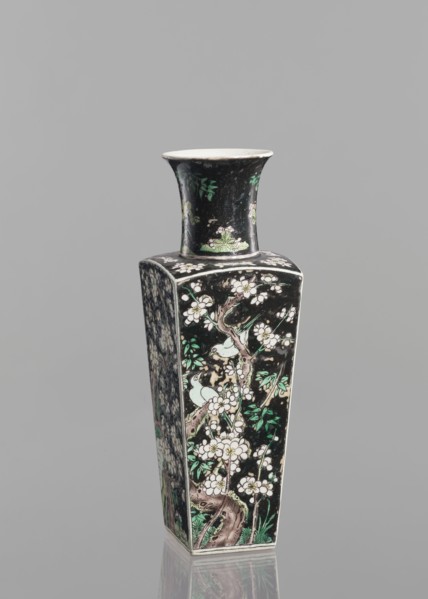 Pair of vases; Chinese; ceramics; colored porcelain in famille noire palette; decorated with birds,