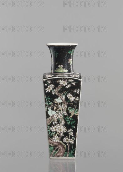 Pair of vases, Chinese, 18th century, colored porcelain famille noire, decorated with birds, plums