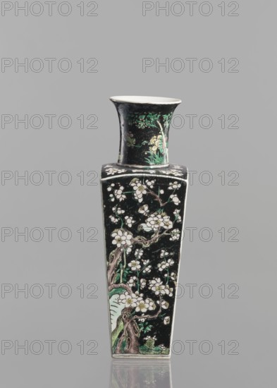 Pair of vases, Chinese, 18th century, colored porcelain famille noire, decorated with birds, plums