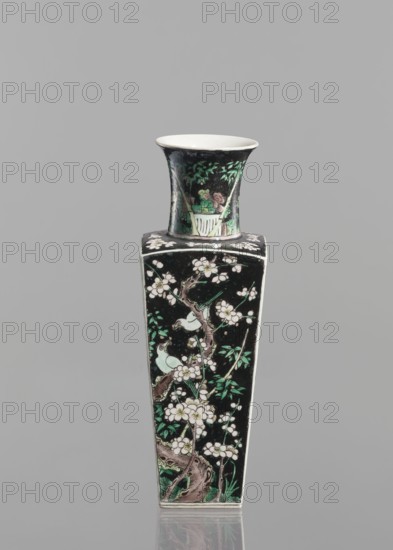 Pair of vases, Chinese, 18th century, colored porcelain famille noire, decorated with birds, plums