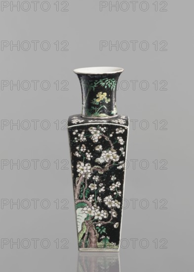 Pair of vases, Chinese, ceramics, colored porcelain famille noire, decorated with birds, plums, and