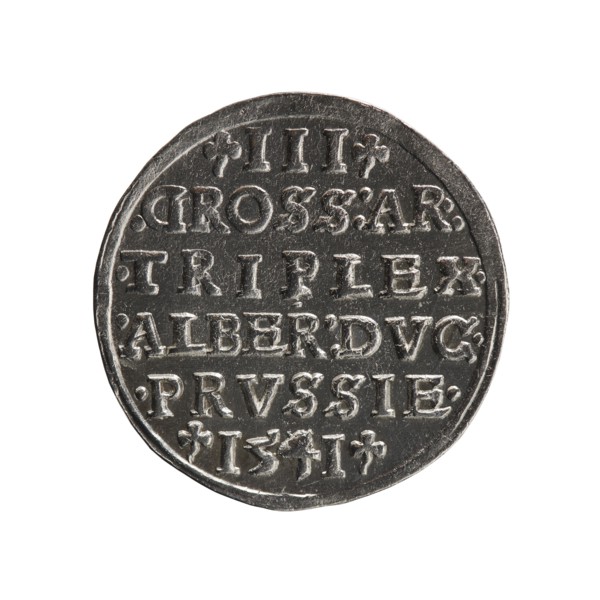 Trojak three-groschen coin. Obverse: male bust in armour in profile facing right; short hair, long