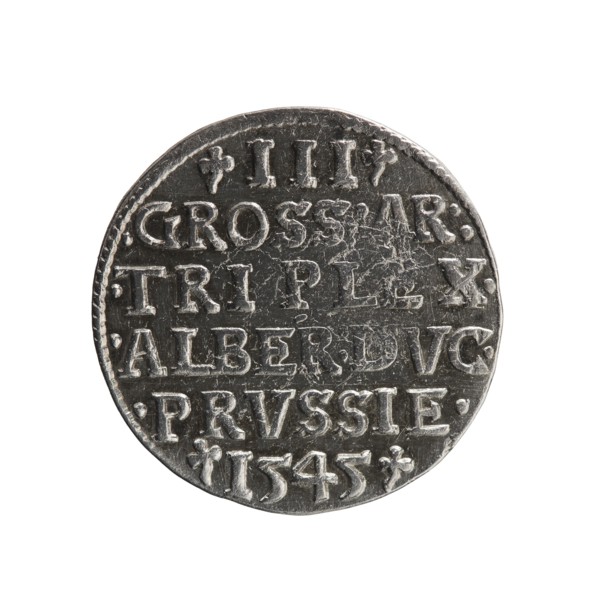 Trojak coin by Maciej Schilling, co-creator Jost Ludwik Decjusz fl. 1528–1535, 1545. Obverse: male