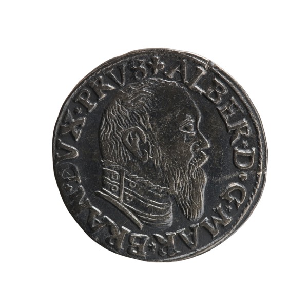 trojak; Albrecht Hohenzollern Prince of Prussia; 1490–1568 — iconography: trefoils, male busts in