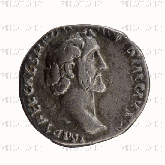 Denarius of Antoninus Pius 86–161; Roman Emperor 138–161. Obverse: Head of Antoninus Pius uncovered