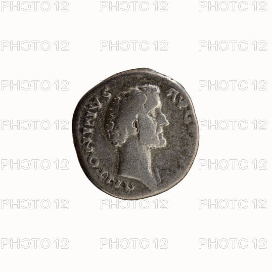 Denarius of Antoninus Pius 86–161; Roman emperor 138–161. Obverse: Head of Antoninus Pius without a