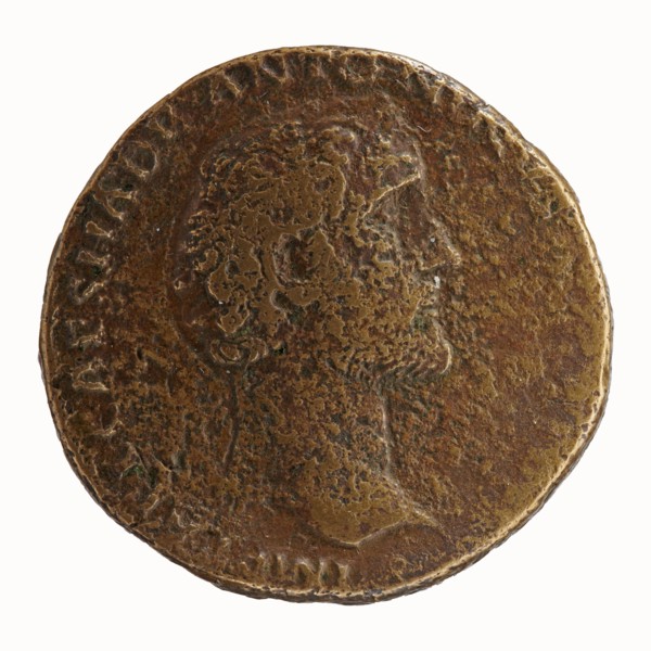 Sestertius of Antoninus Pius 86–161; Roman emperor 138–161. Obverse: bare-headed bust of Antoninus