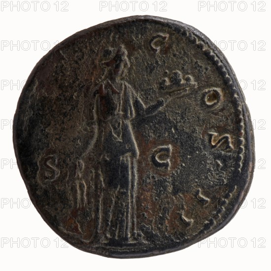 Sestertius of Antoninus Pius 86–161; Roman Emperor 138–161. Obverse: head of Antoninus Pius in a