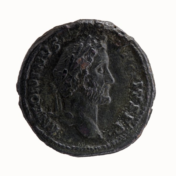 Head of Antoninus Pius with laurel wreath to the right, inscription ANTONINVS - AVG PIVS PP around;